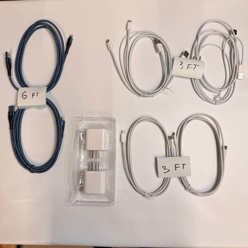 Set of 10 - 8 USB-C/USB-A to Lightning Charging Cables 3ft 6ft, 2 Wall Adapters